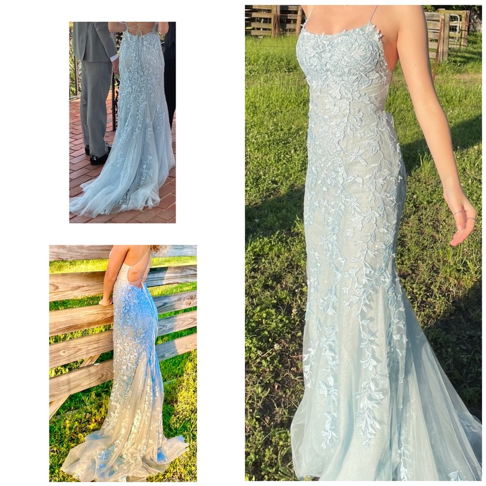 AMARRA Open Back Fitted Bodice Lace Applique Tulle Gown